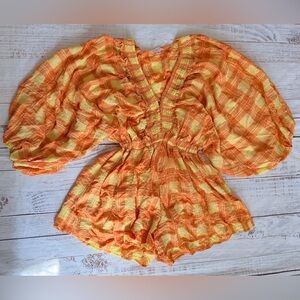 Mable Women’s Deep V-Neck Orange/ Yellow Romper, Balloon Sleeves, Size S